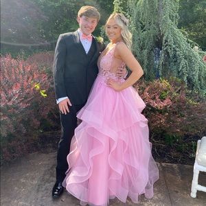 Jovani 59073 Pink Gown with Tiered Skirt